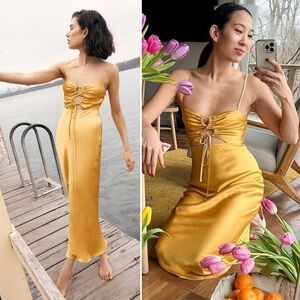 Shona Joy Alma Lace Up Midi Dress Gold Bias Cut Slip Size Small